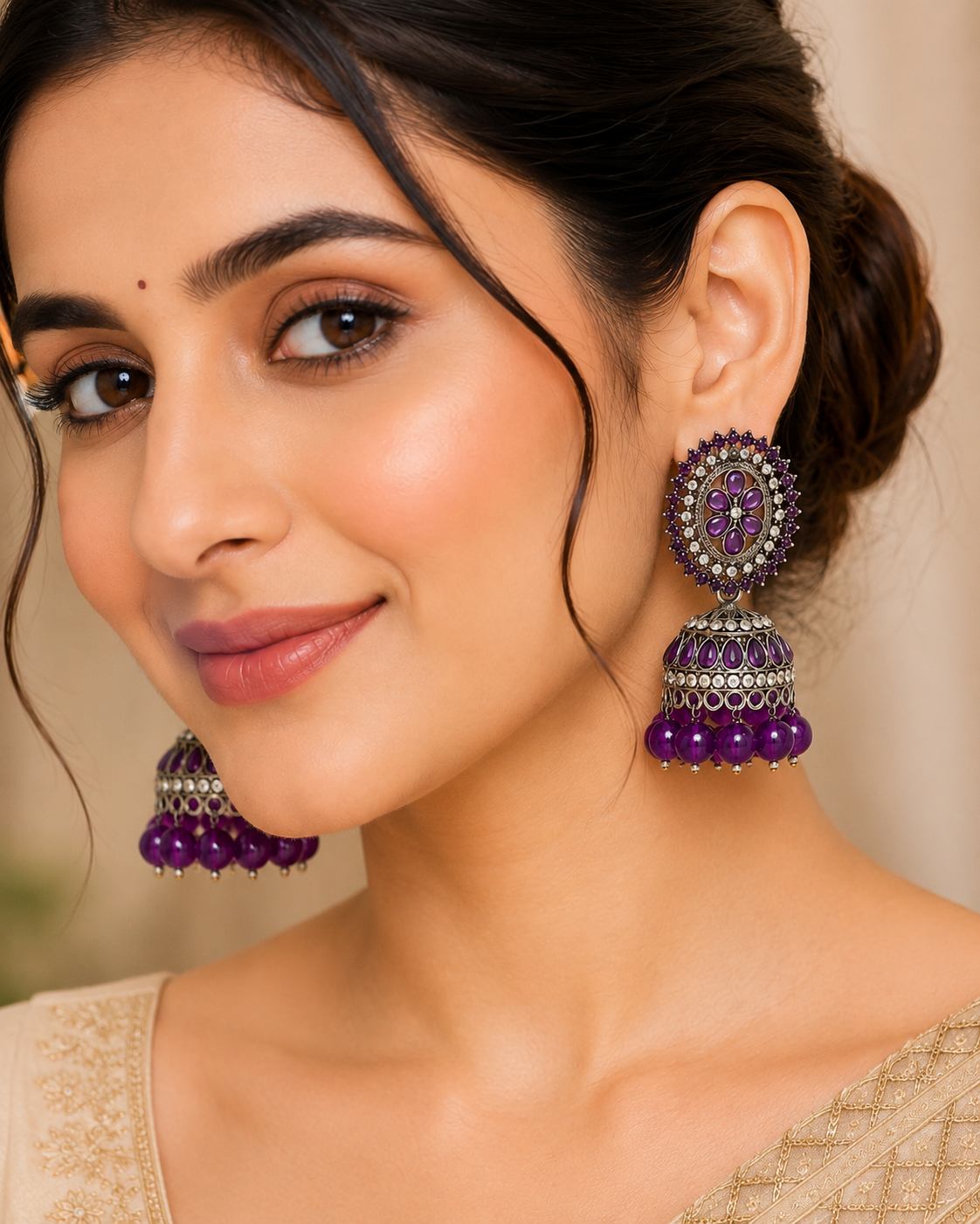 Purple Royal  Kundan Jhumka Earrings