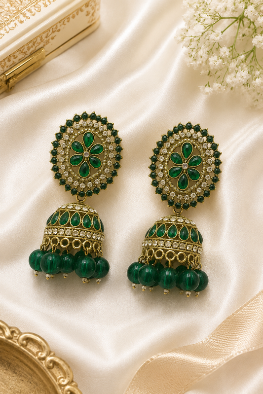 Green Kundan Jhumka Earrings