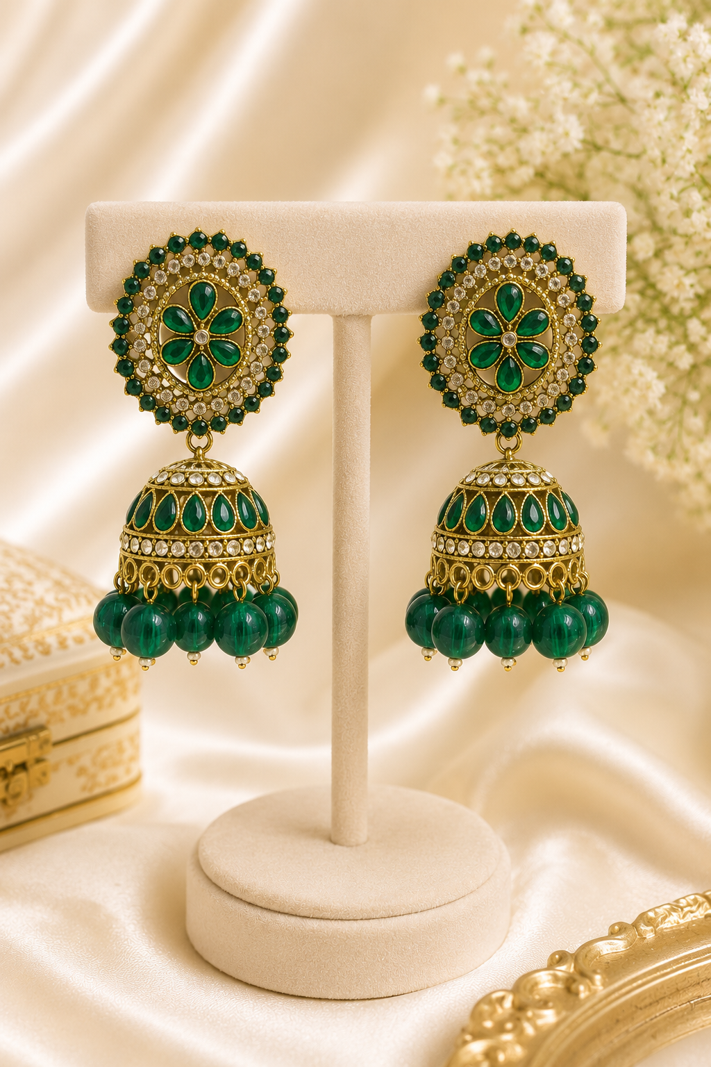 Green Kundan Jhumka Earrings