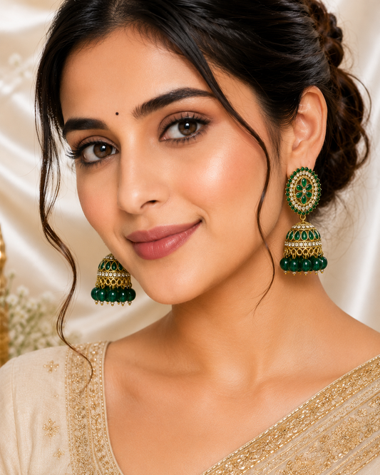 Green Kundan Jhumka Earrings