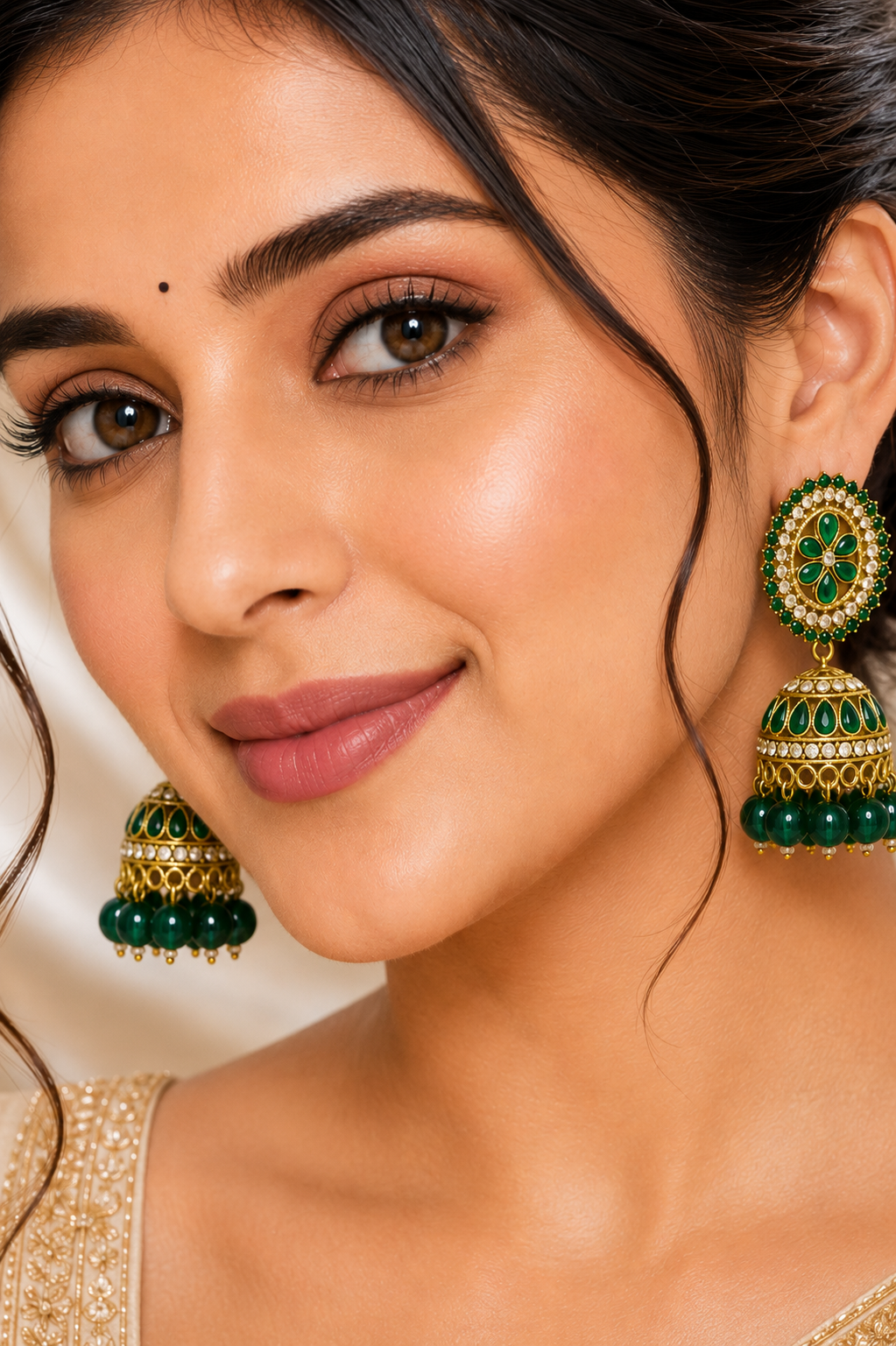 Green Kundan Jhumka Earrings