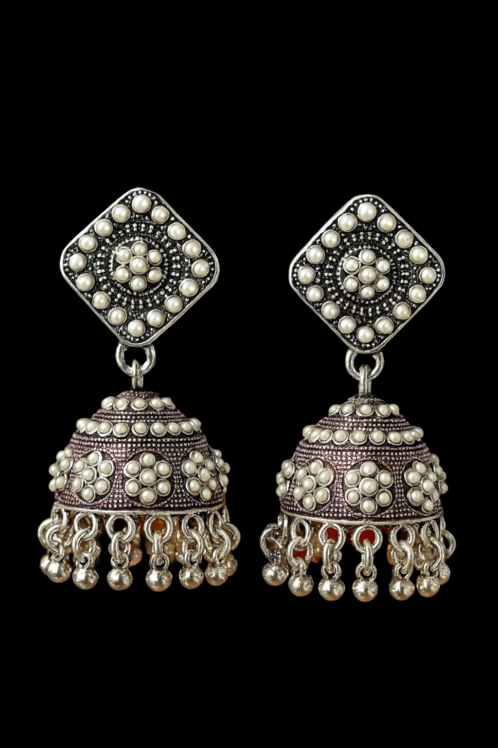 Noorvi Oxidized Pearl Dome Jhumkas