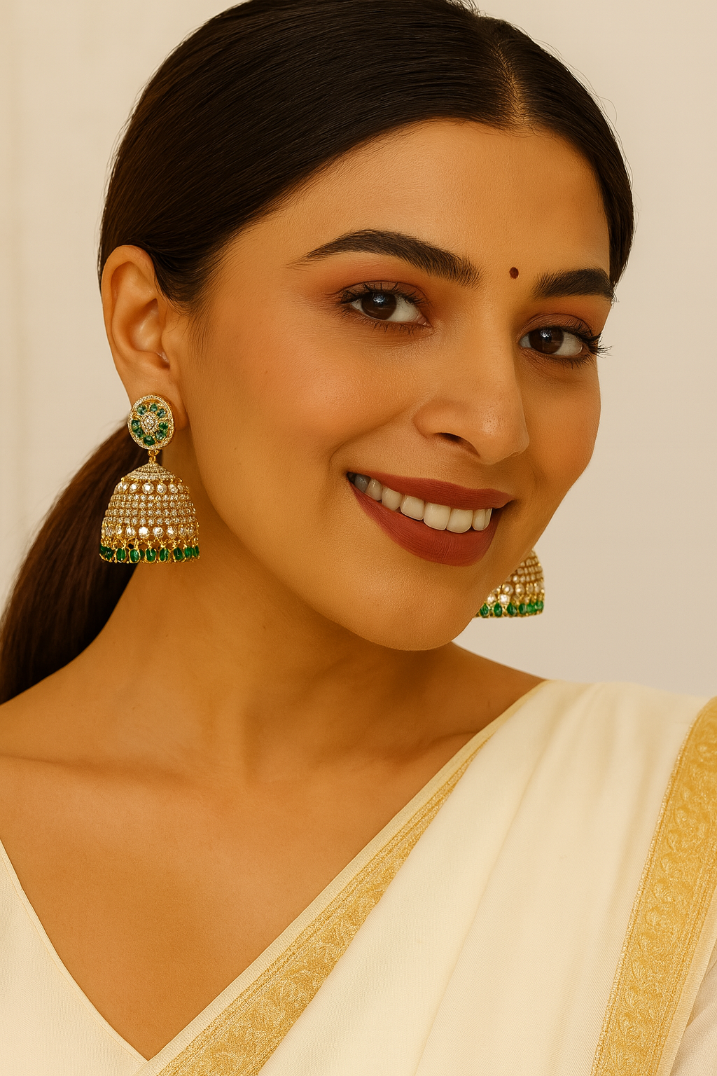 Emerald Majestic Golden Diamond Jhumkas