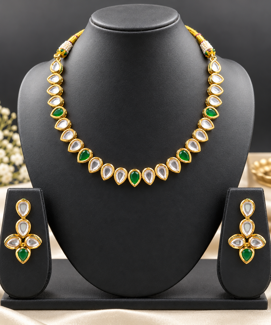 Emerald Kundan Teardrop Necklace Set