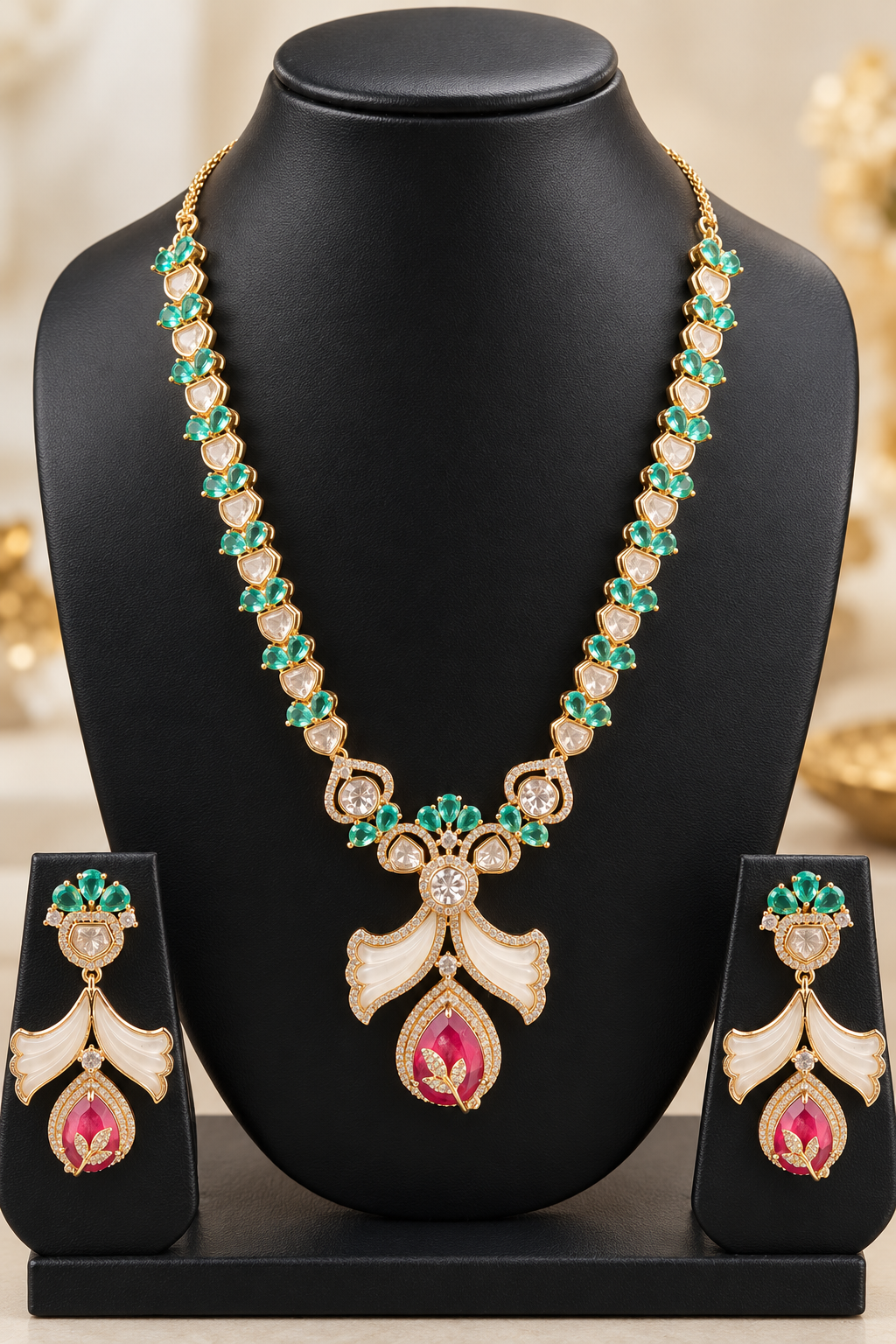 Royal Emerald & Pink Floral Necklace Set