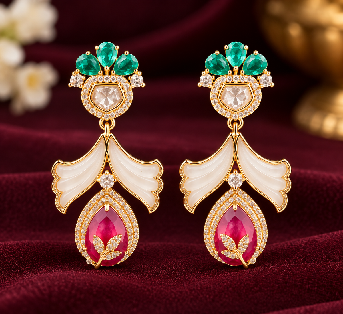 Royal Emerald & Pink Floral Necklace Set