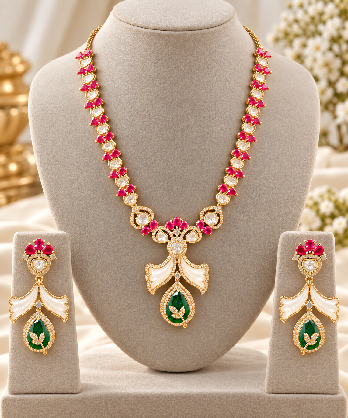 Pink & Emerald Royal Pendant Necklace Set