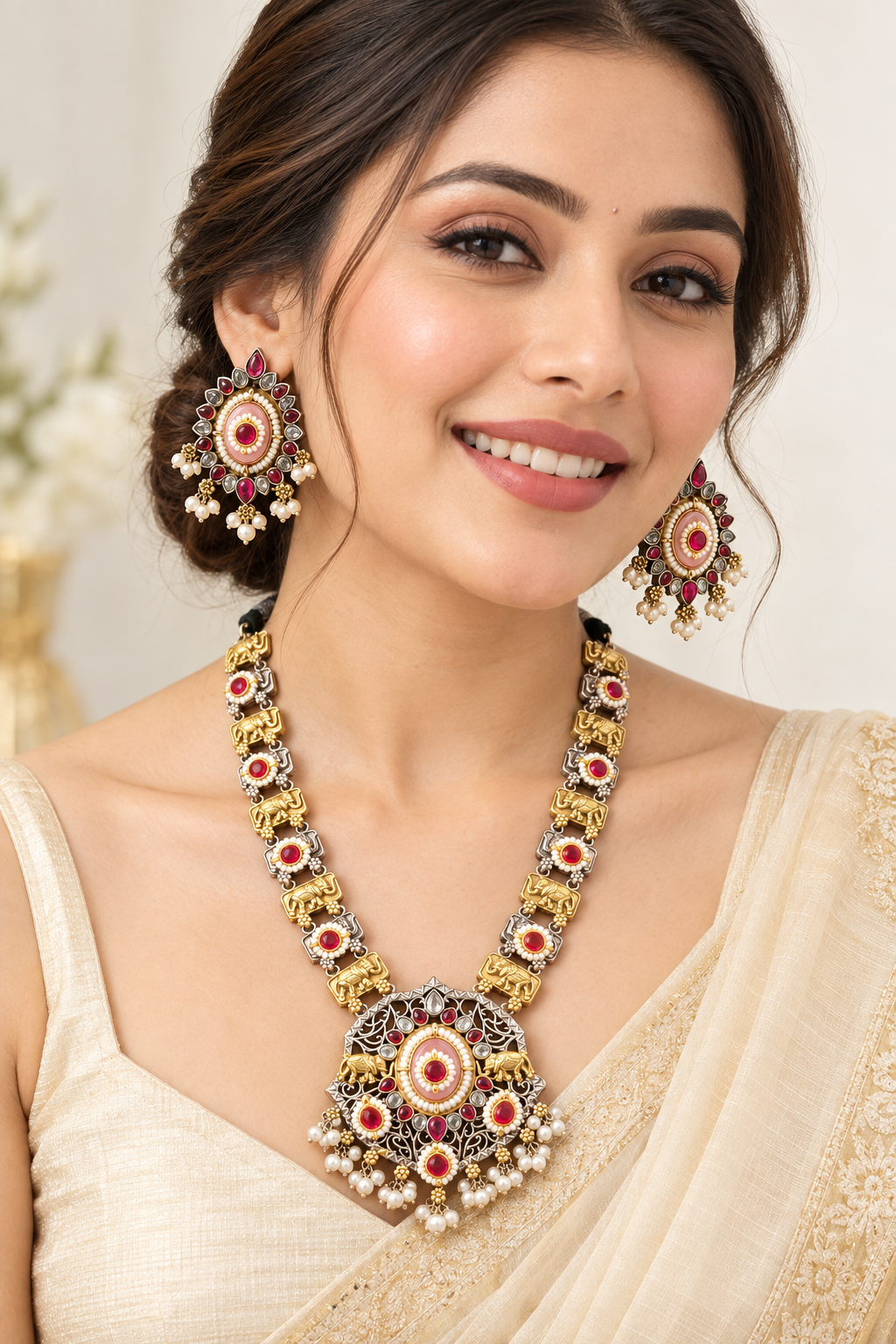 Ruby & Pearl Traditional Statement Necklace Set