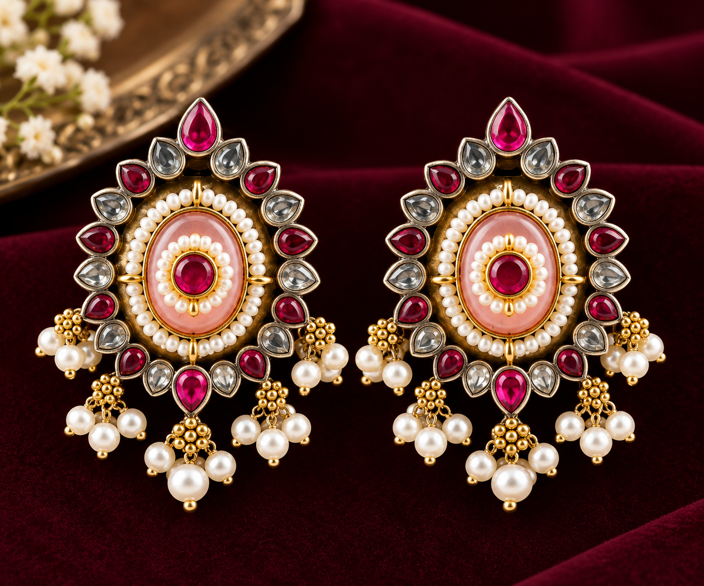 Ruby & Pearl Traditional Statement Necklace Set