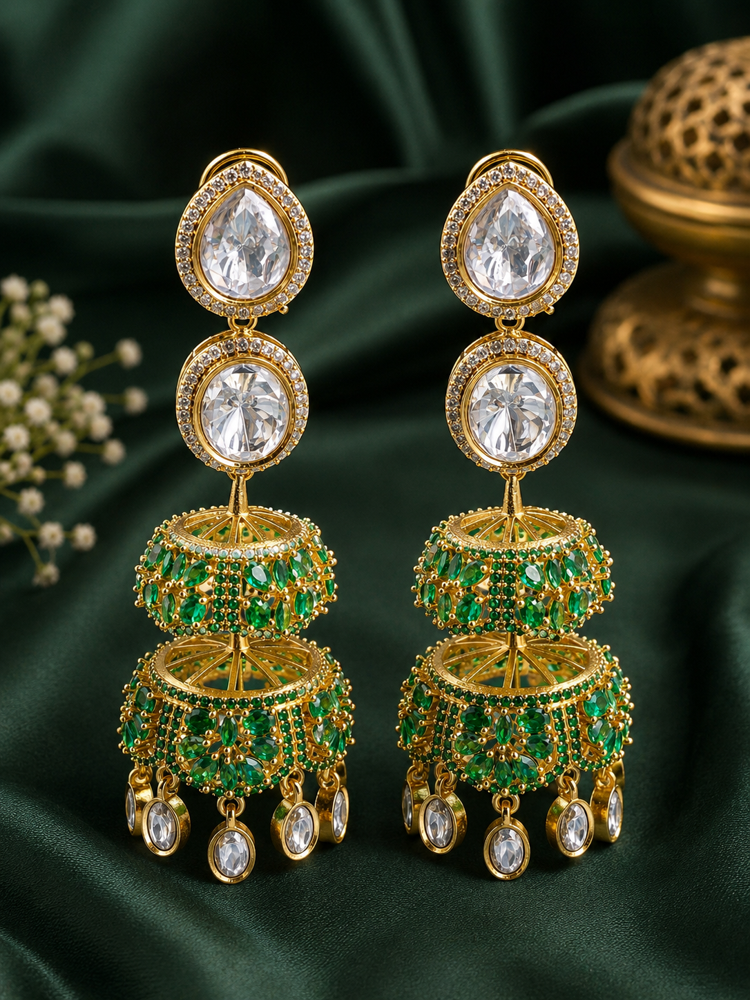 Emerald Royale Crystal Jhumkas