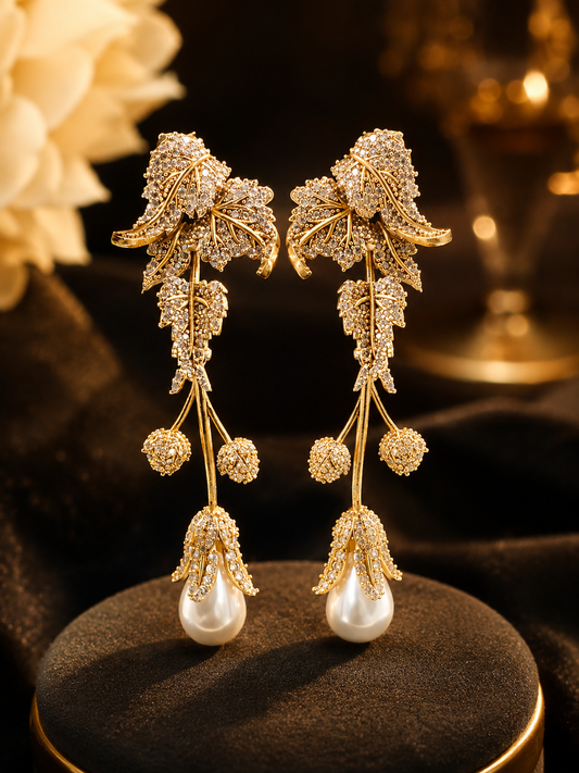 Royal Floral Crystal Long Dangler Earrings