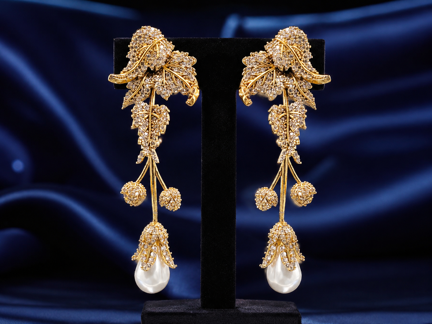 Royal Floral Crystal Long Dangler Earrings