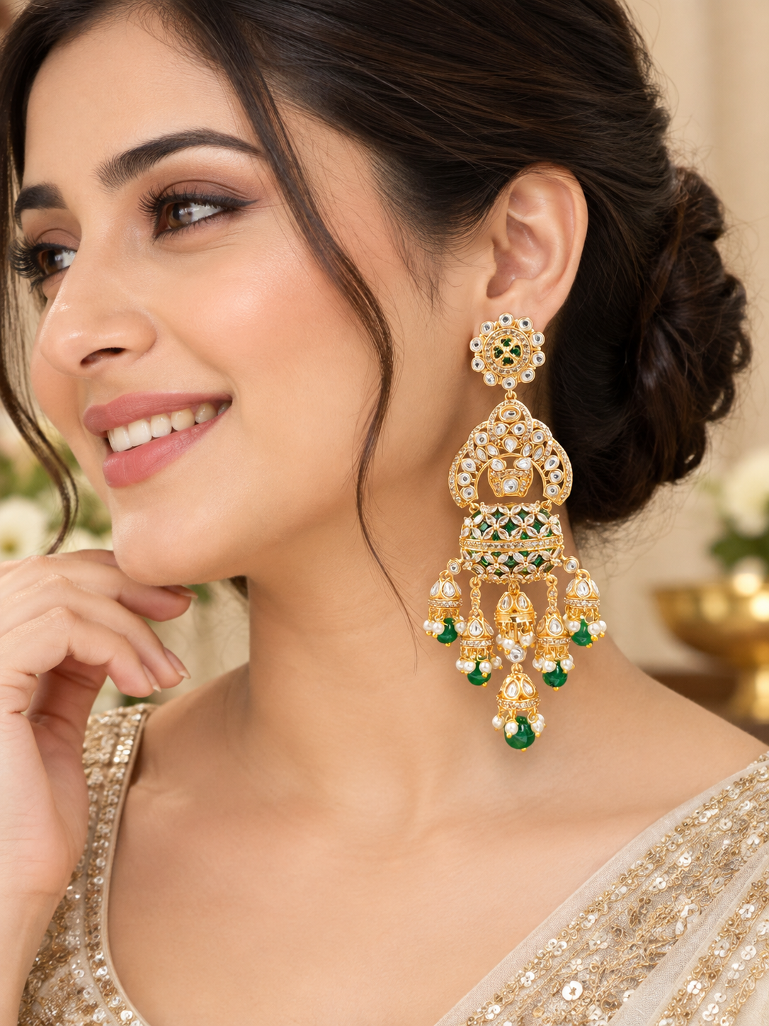 Royal Emerald Green Kundan Long Drop Earrings