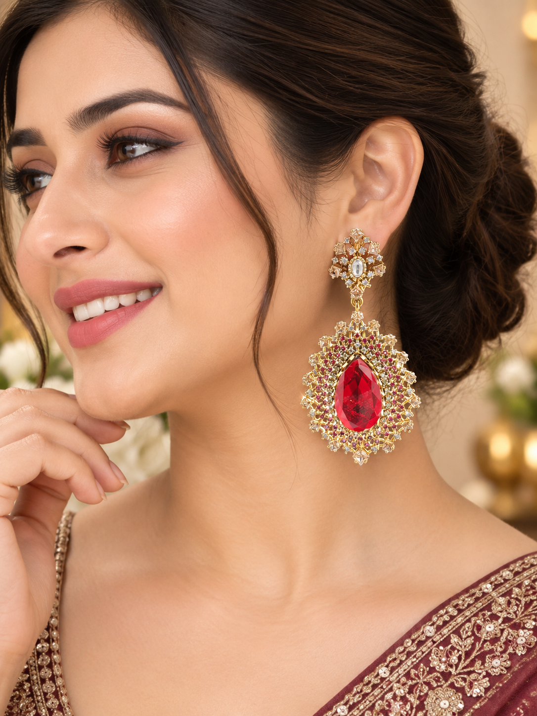 Ruby Red Crystal Statement Drop Earrings