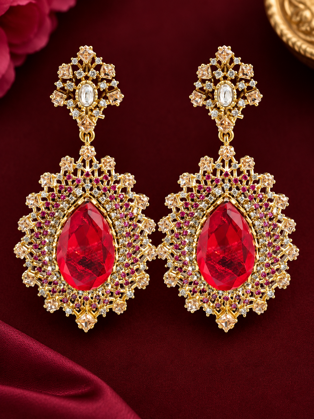 Ruby Red Crystal Statement Drop Earrings