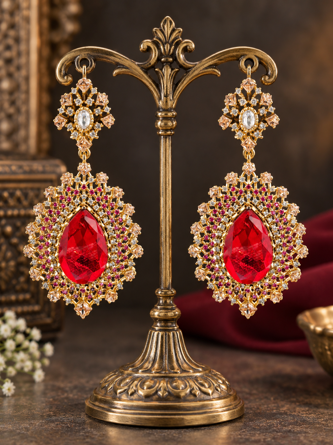 Ruby Red Crystal Statement Drop Earrings