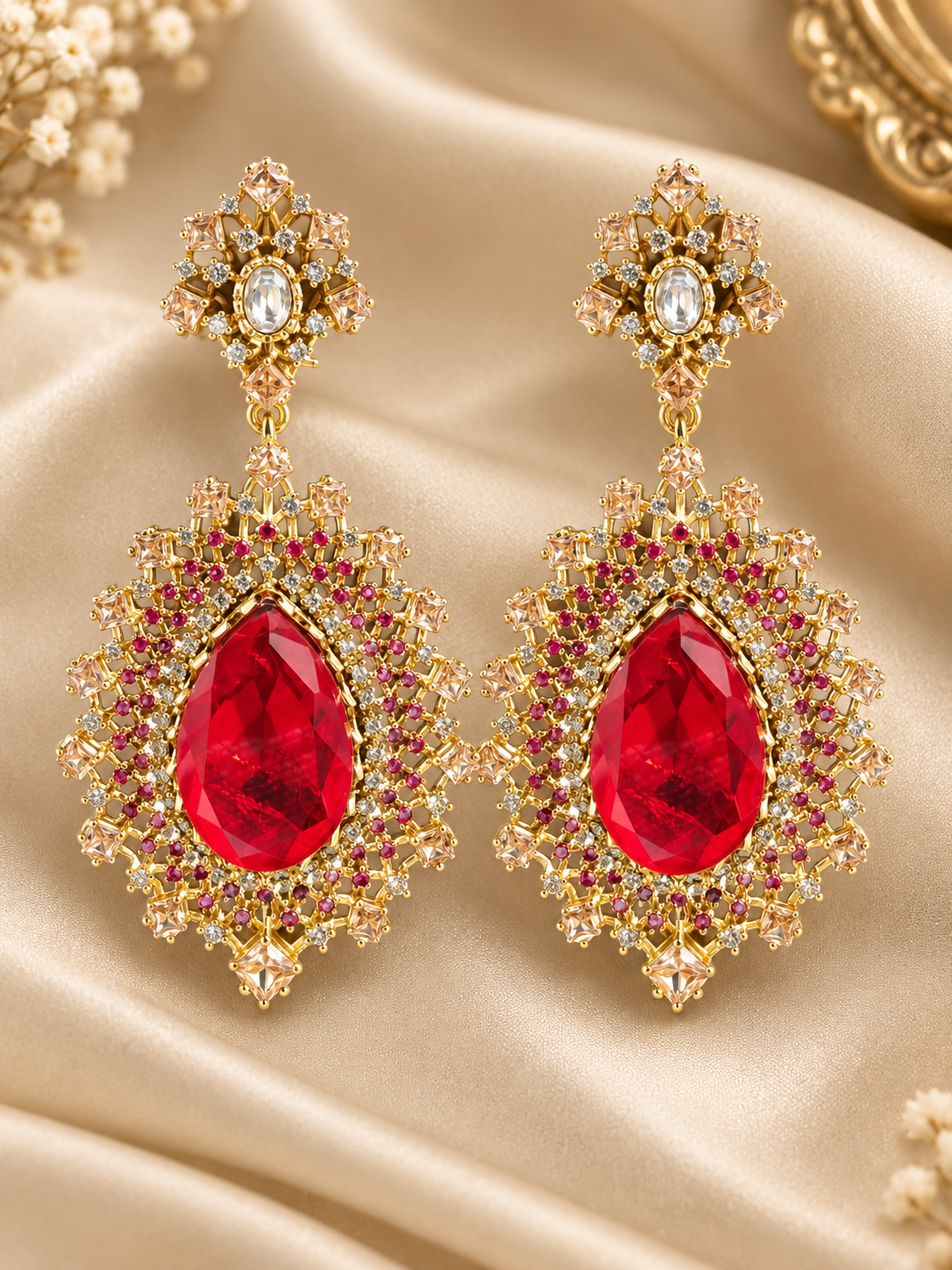 Ruby Red Crystal Statement Drop Earrings