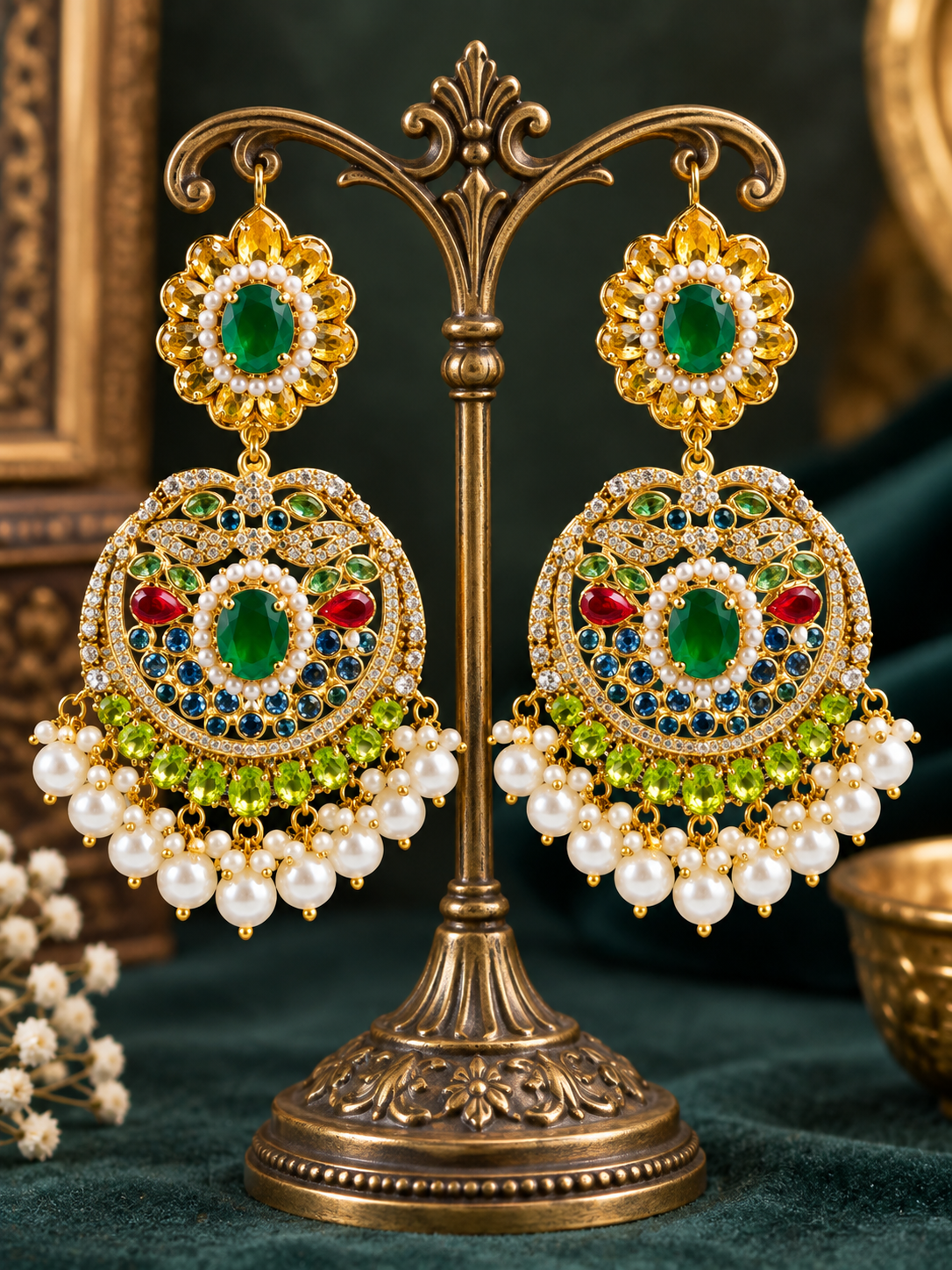 Emerald Pearl Kundan Chandbali Earrings