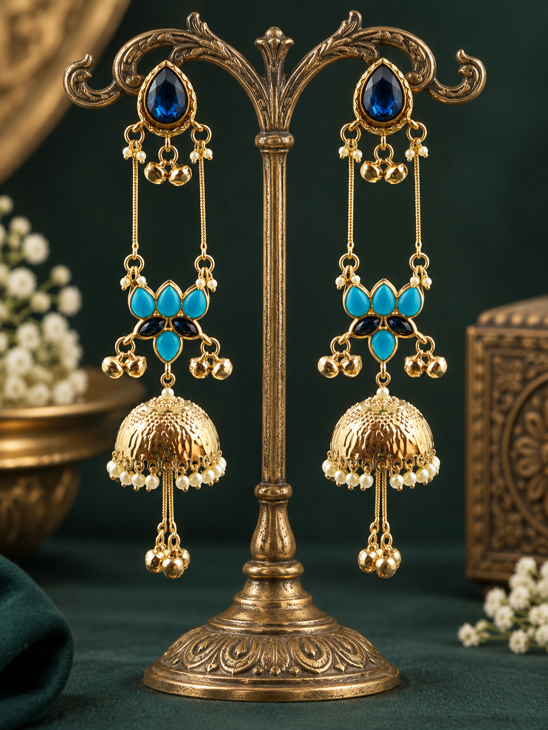 Royal Blue & Turquoise Long Jhumka Earrings