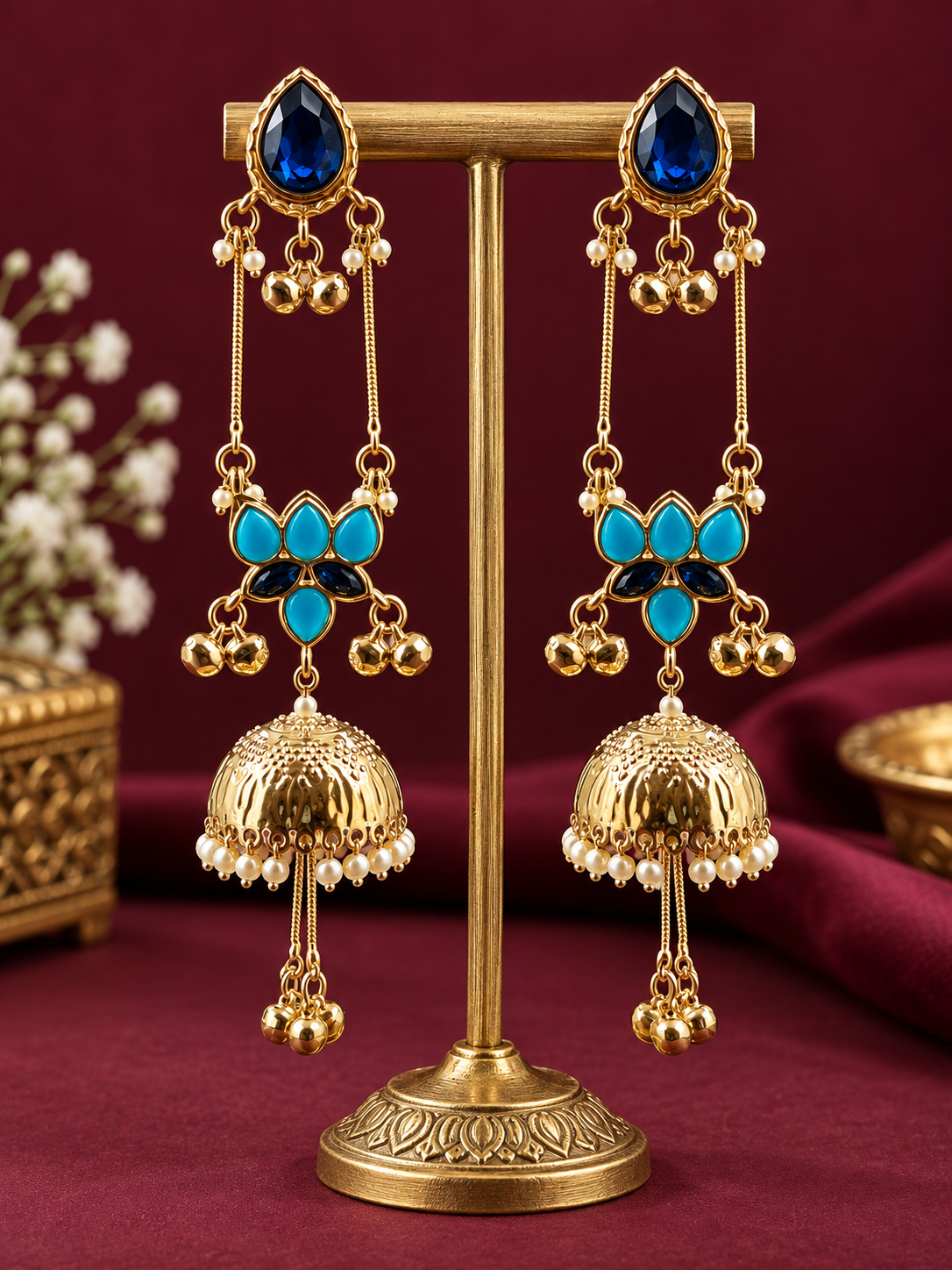 Royal Blue & Turquoise Long Jhumka Earrings
