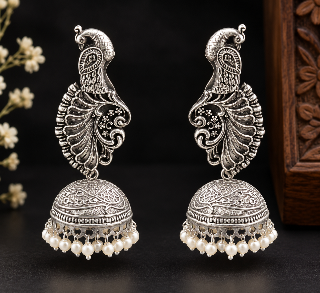Antique Silver Peacock Jhumka Earrings