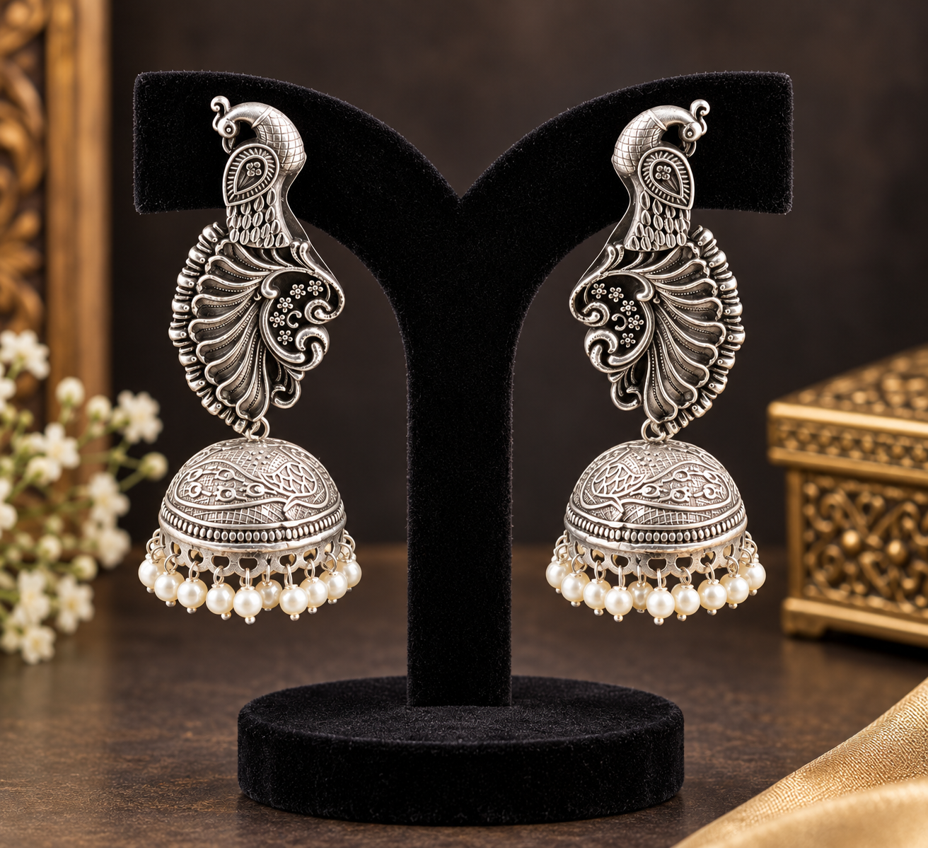 Antique Silver Peacock Jhumka Earrings