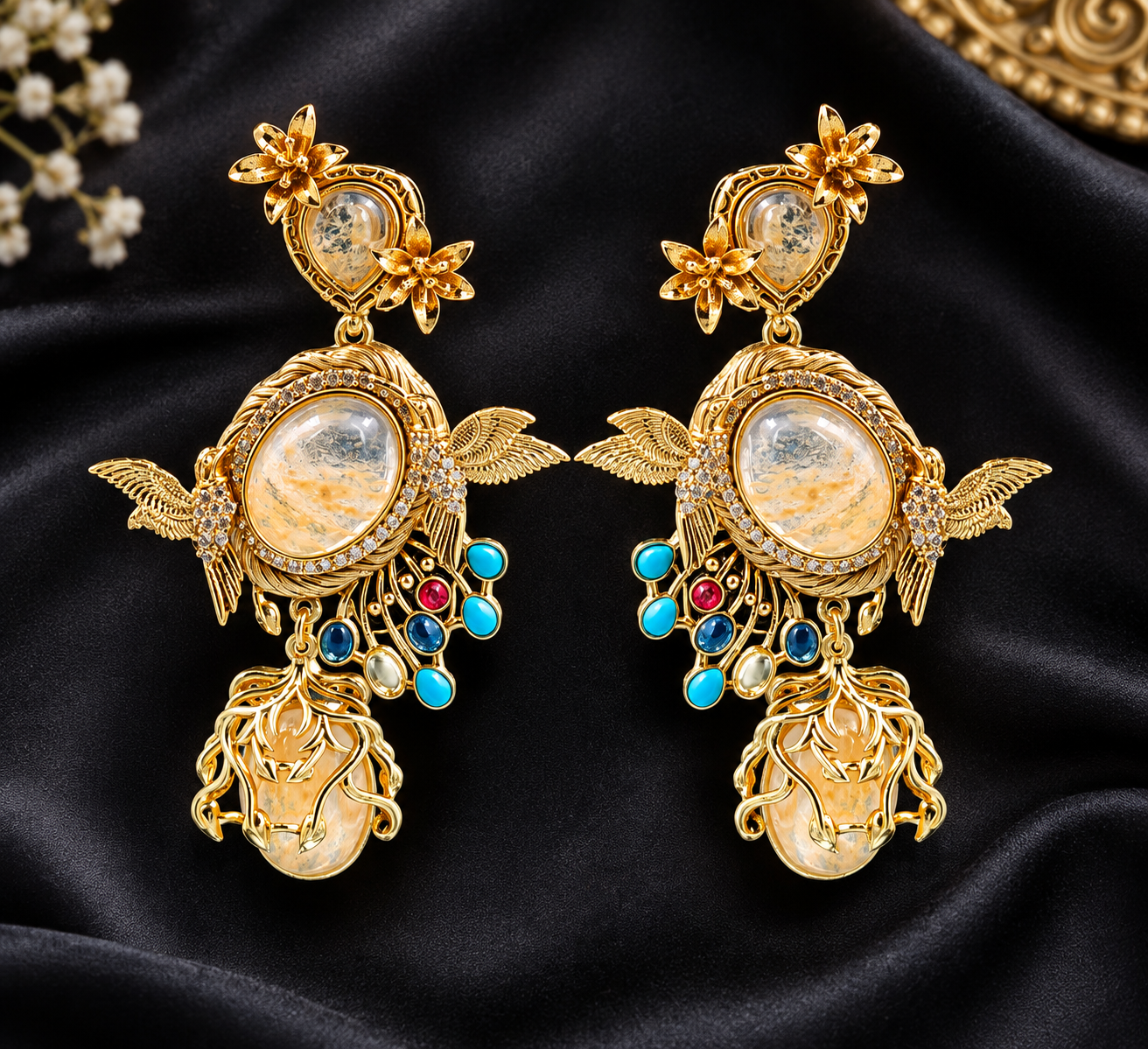 Royal Floral Crystal & Peacock Drop Earrings