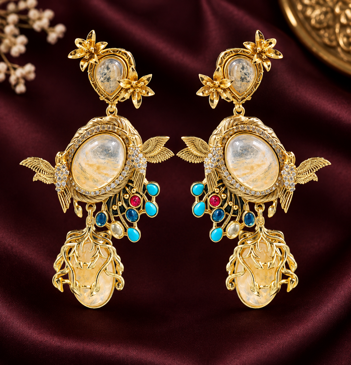 Royal Floral Crystal & Peacock Drop Earrings