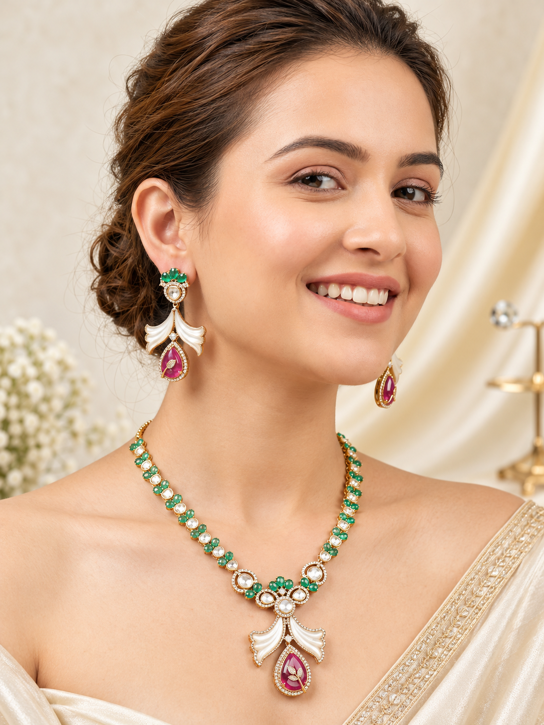 Royal Emerald & Pink Floral Necklace Set