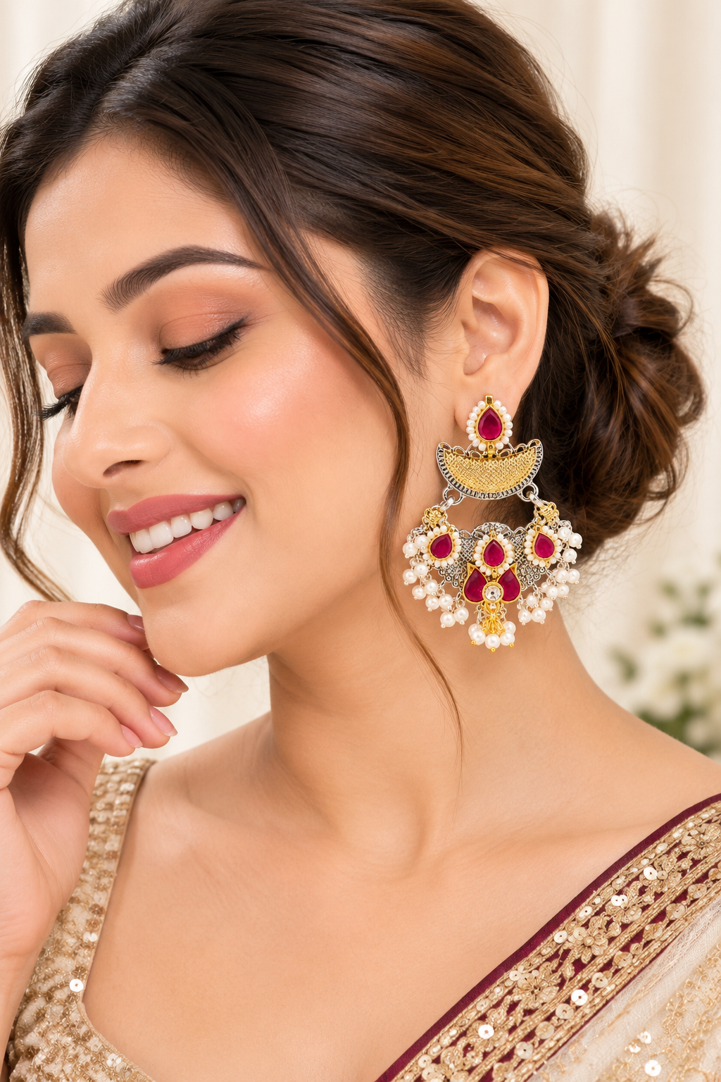 Ruby Bloom Pearl Drop Earrings