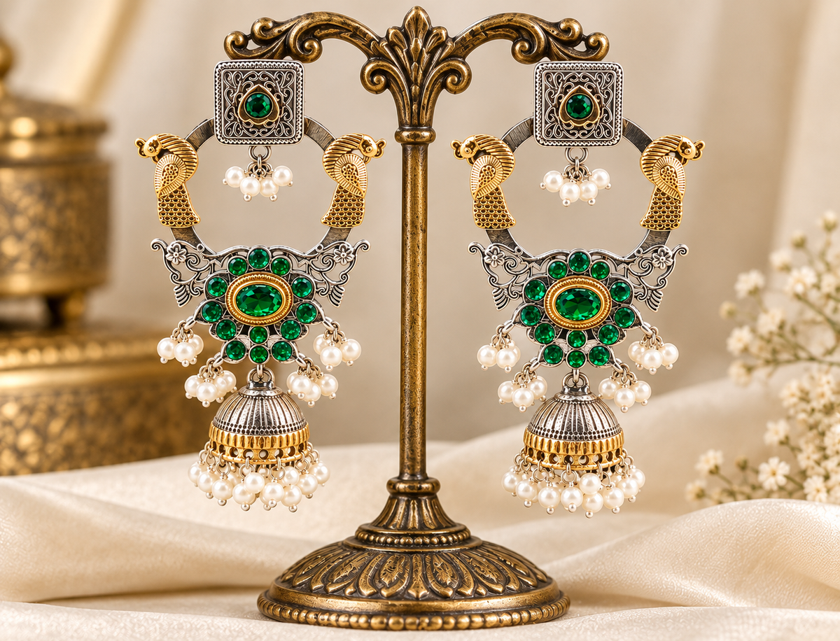 Emerald Peacock Pearl Jhumka Earrings