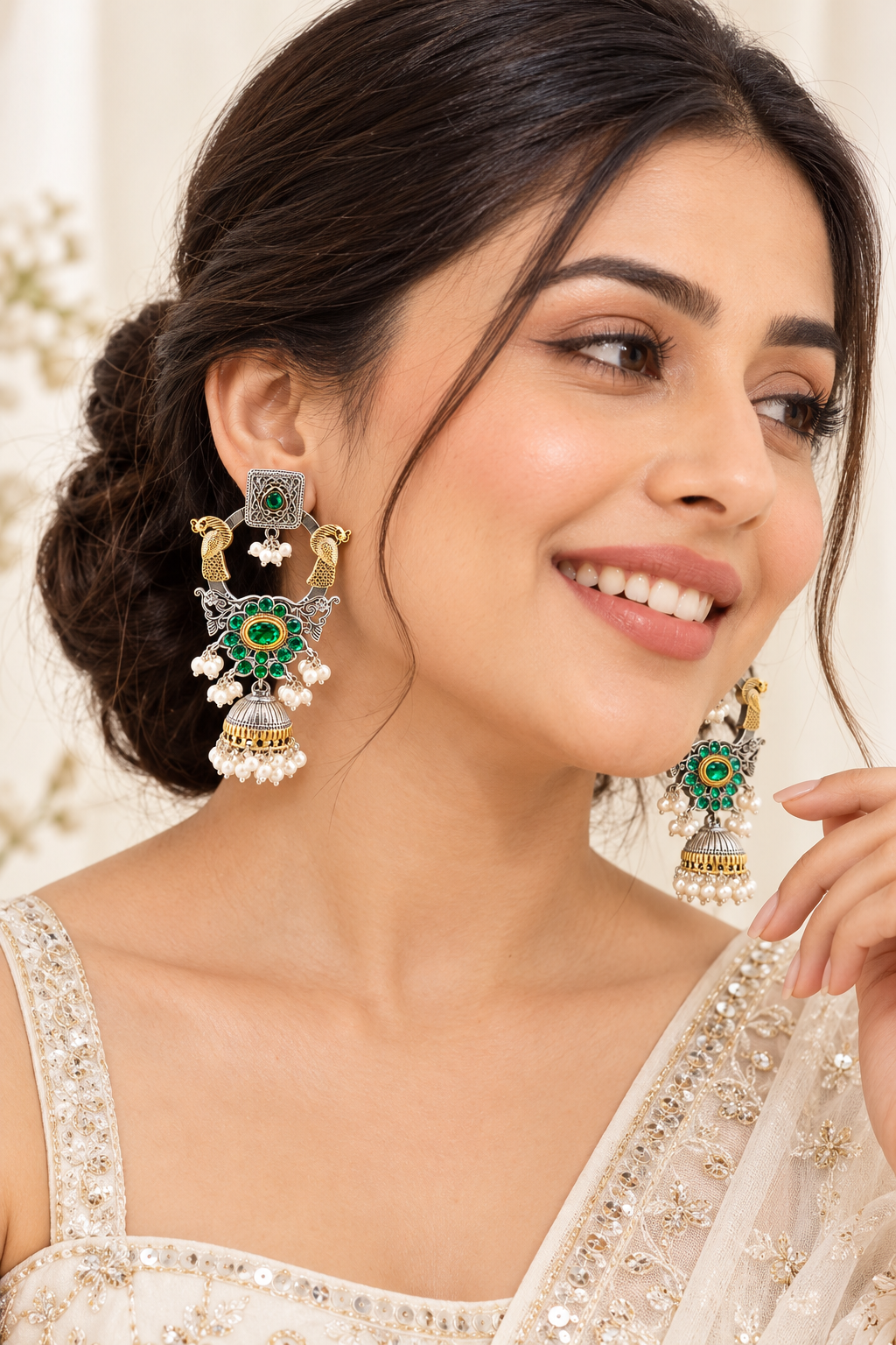 Emerald Peacock Pearl Jhumka Earrings