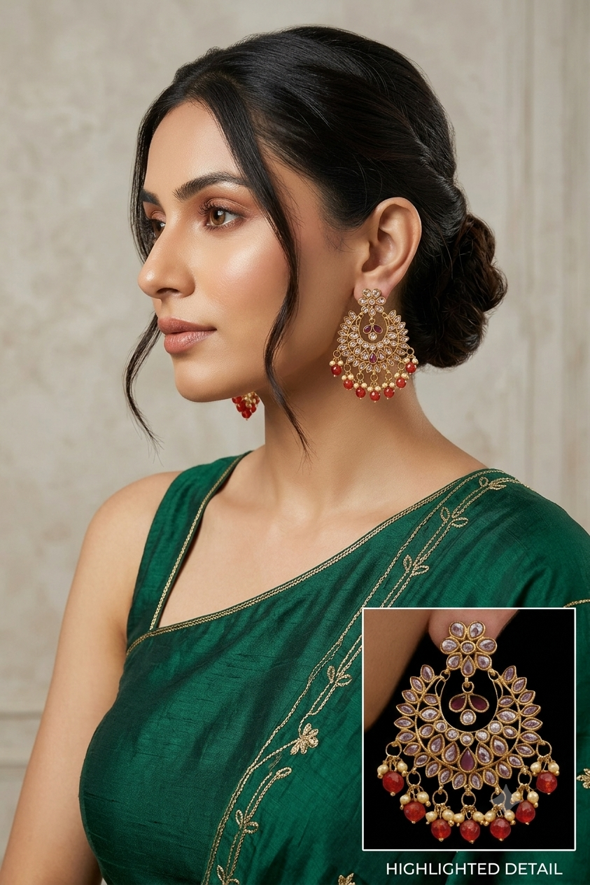 Red Royal Kundan Chandbali Earrings