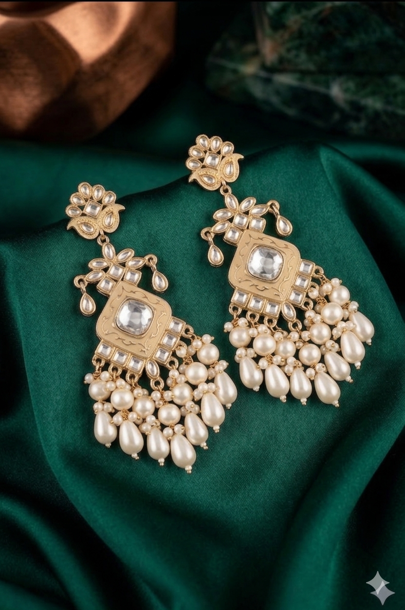 White Elegant Kundan & Pearl Chandbali Earrings