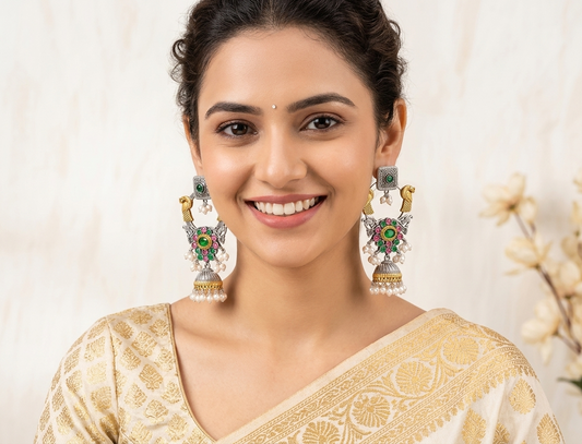 Emerald Pink Peacock Jhumka Earrings
