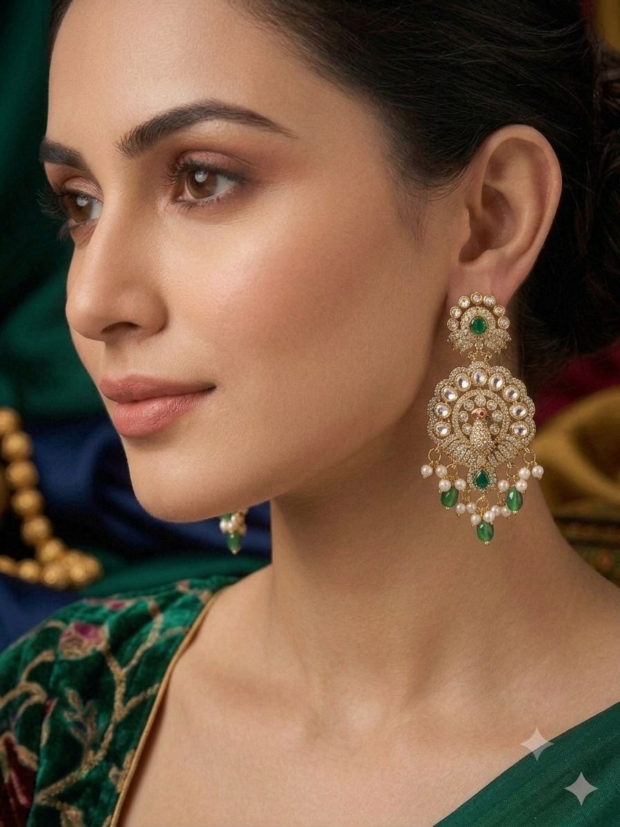 Green Timeless Royalty – Pearl & Stone Studded Chandbali Earrings