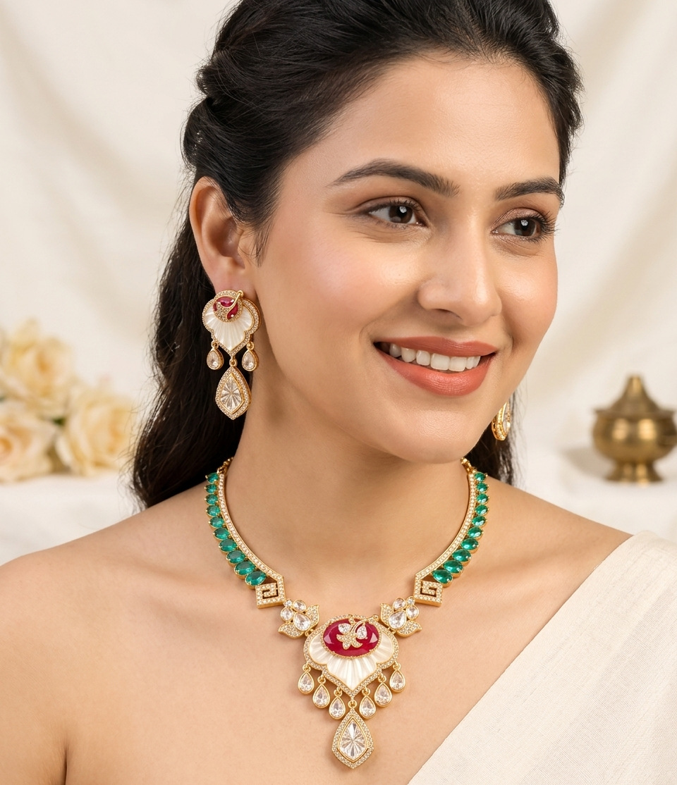 Emerald Bloom Kundan Necklace Set