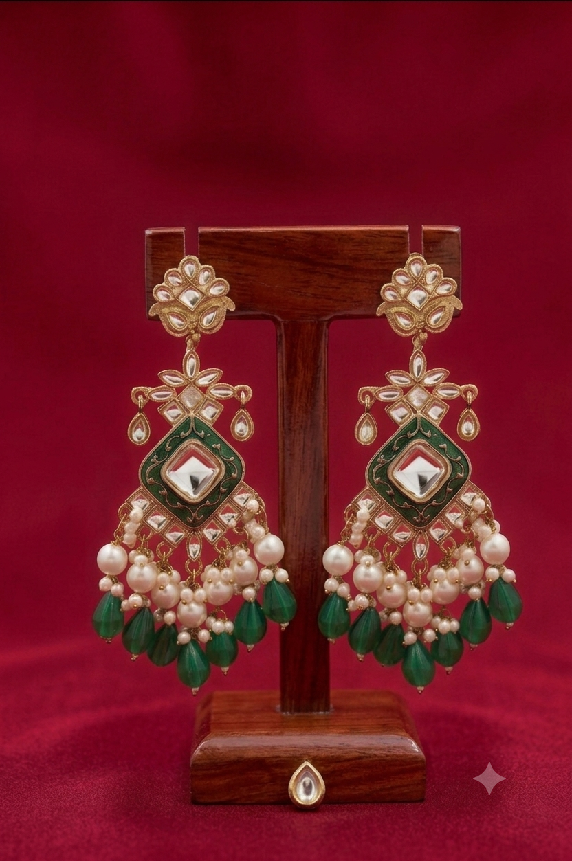 Green Elegant Kundan & Pearl  Chandbali Earrings