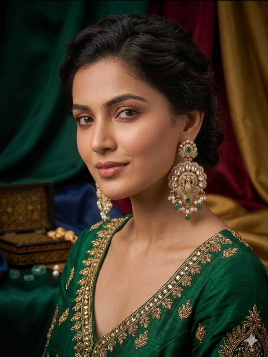 Green Timeless Royalty – Pearl & Stone Studded Chandbali Earrings