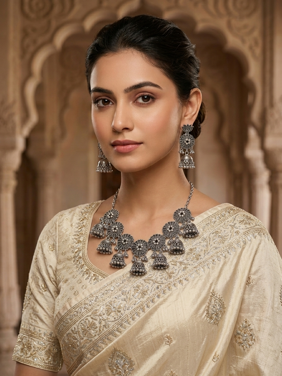 Antique Silver Floral Jhumka Necklace Set