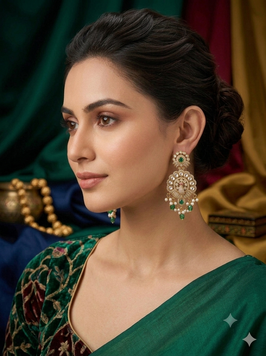 Green Timeless Royalty – Pearl & Stone Studded Chandbali Earrings