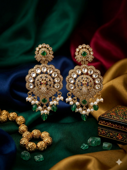 Green Timeless Royalty – Pearl & Stone Studded Chandbali Earrings