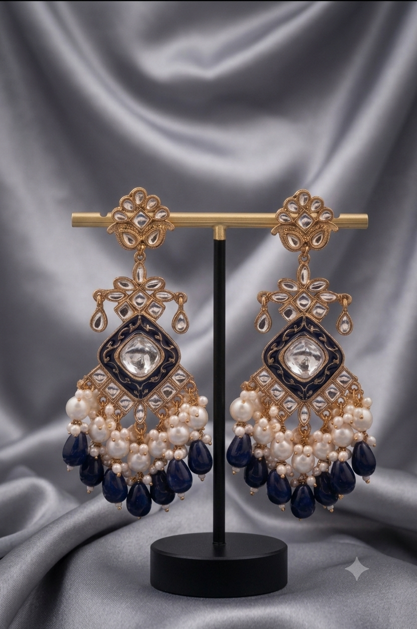 Navy Blue Elegant Kundan & Pearl  Chandbali Earrings