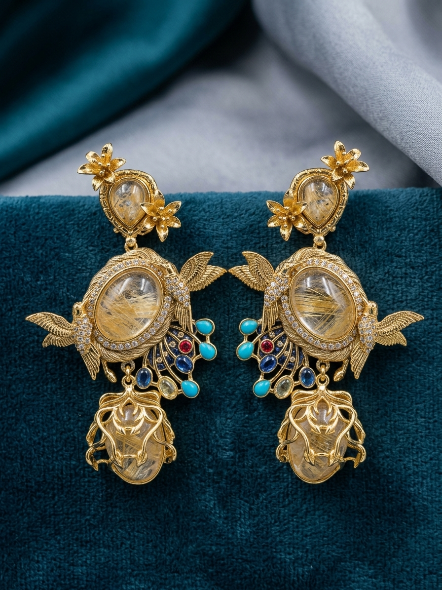 Royal Floral Crystal & Peacock Drop Earrings