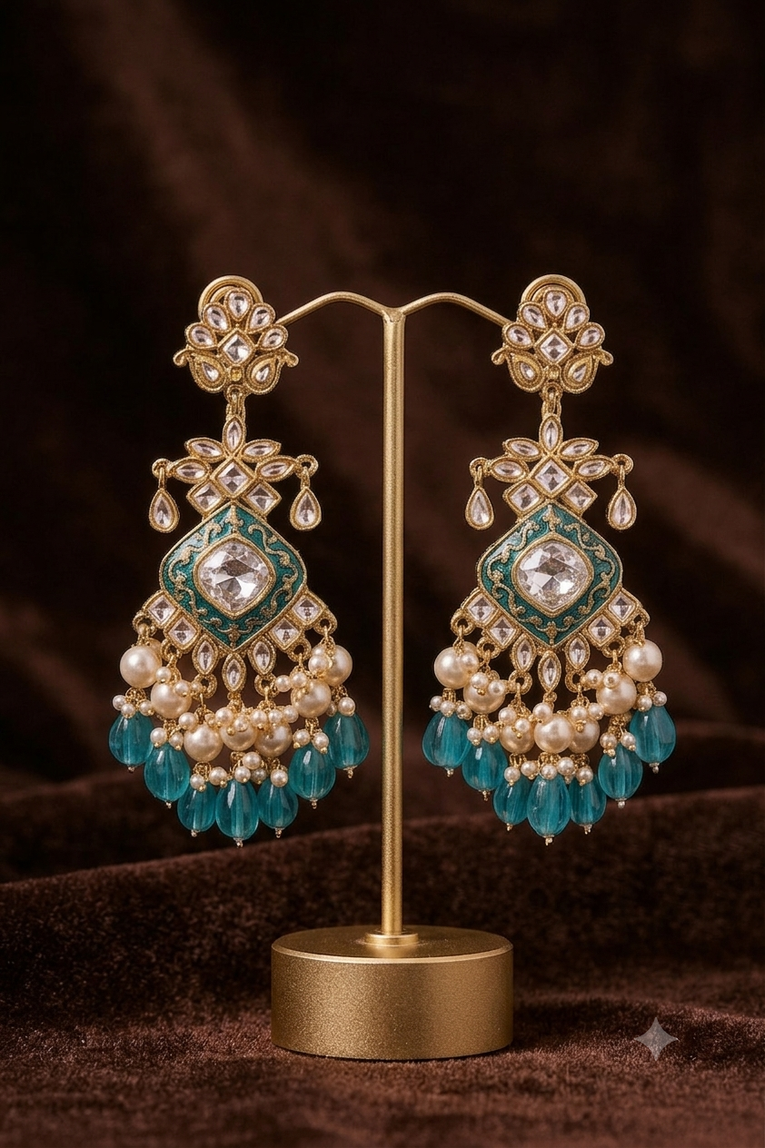 Turquoise Blue Elegant Kundan & Pearl Chandbali Earrings