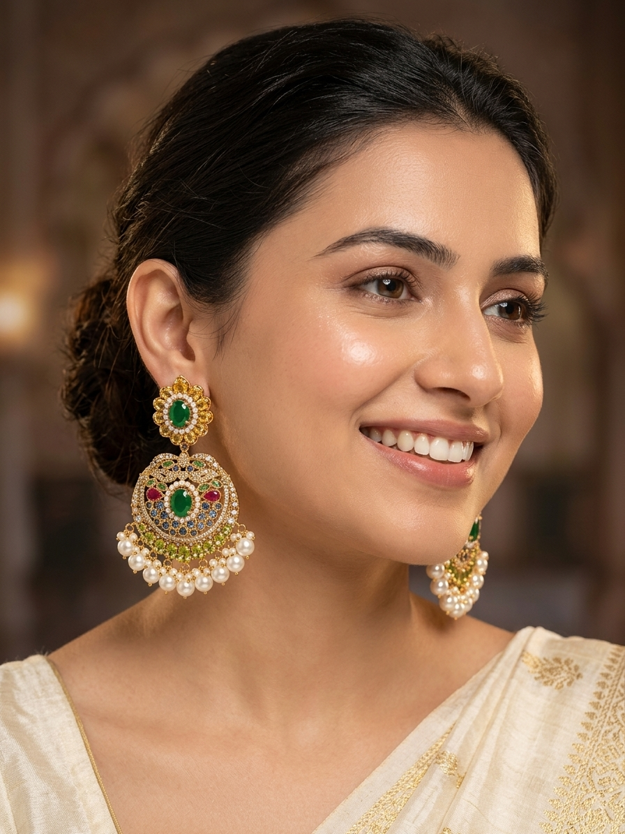 Emerald Pearl Kundan Chandbali Earrings