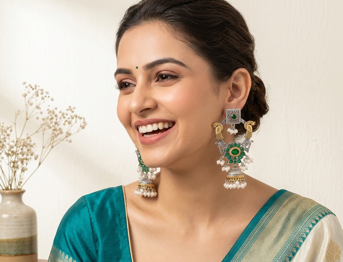 Emerald Peacock Pearl Jhumka Earrings