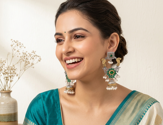 Emerald Peacock Pearl Jhumka Earrings