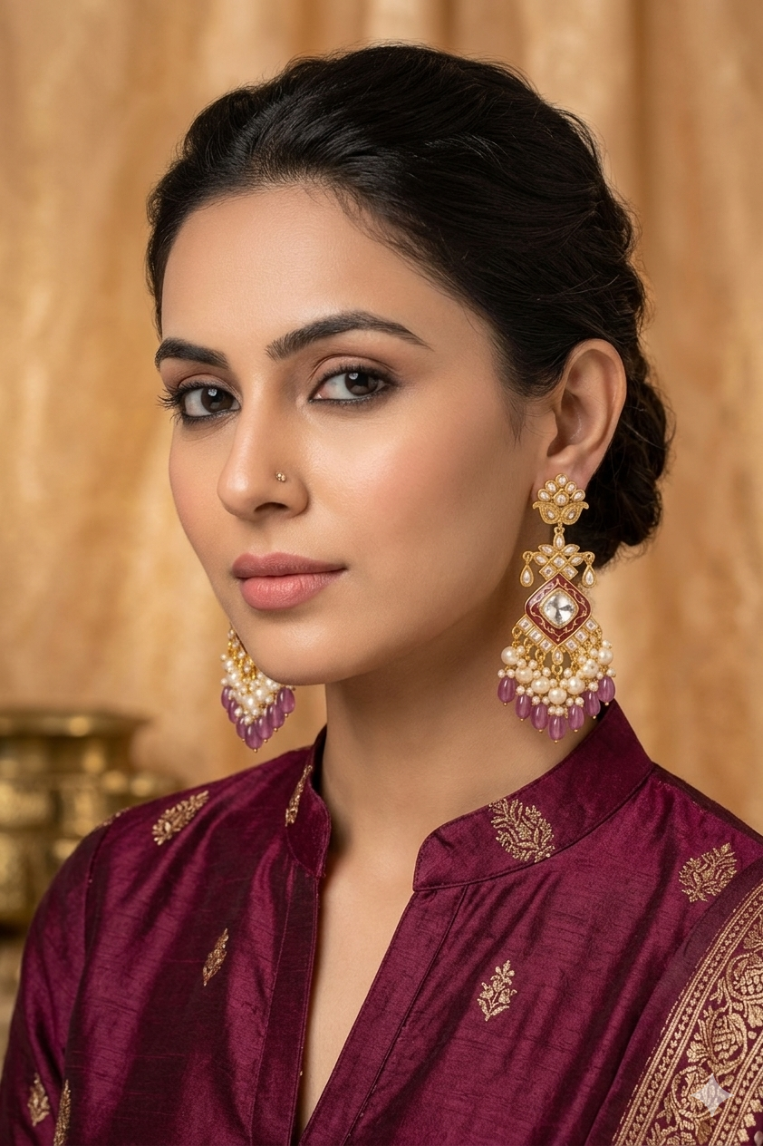 Purple Elegant Kundan & Pearl Chandbali Earrings