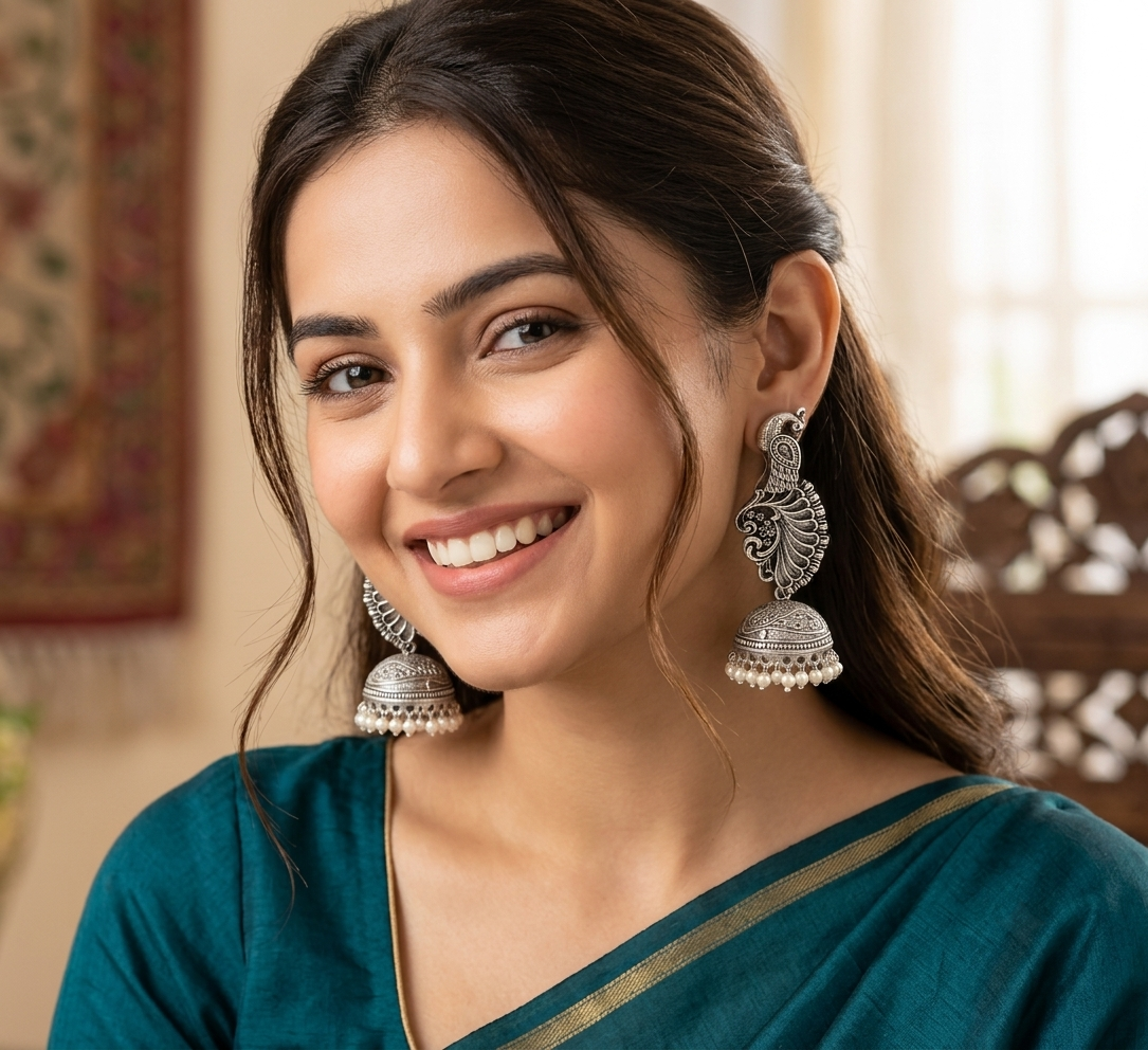 Antique Silver Peacock Jhumka Earrings